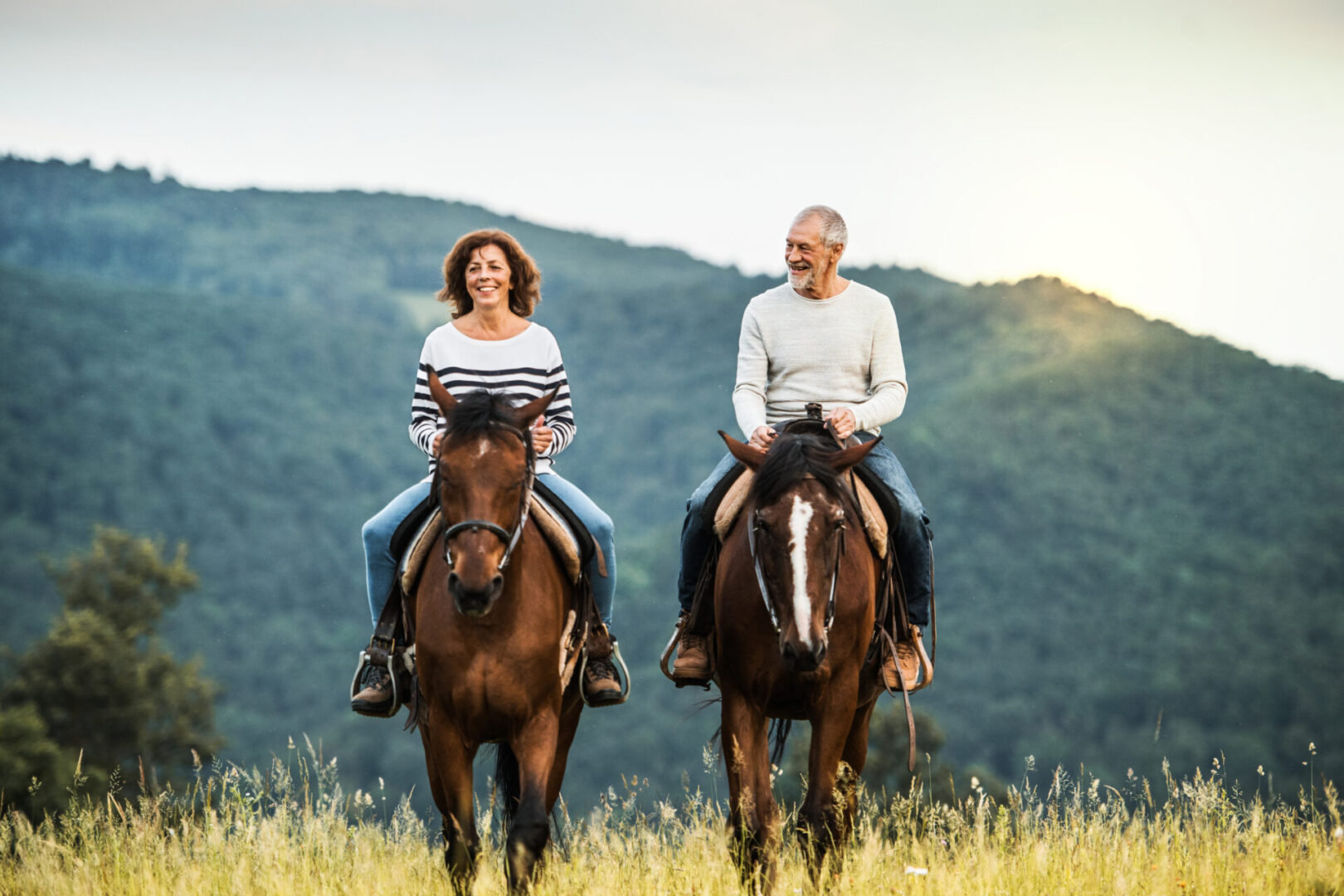 A,Senior,Couple,Riding,Horses,In,Nature.